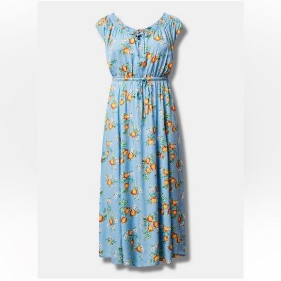 Torrid Maxi Textured Woven Dress W/ Double Front Slits Floral & Fruit Print M/L - Picture 3 of 6